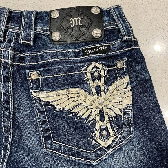 Miss Me Bermuda Jean Shorts Size 26 Embellished Cross Wing Pockets - Picture 2 of 12